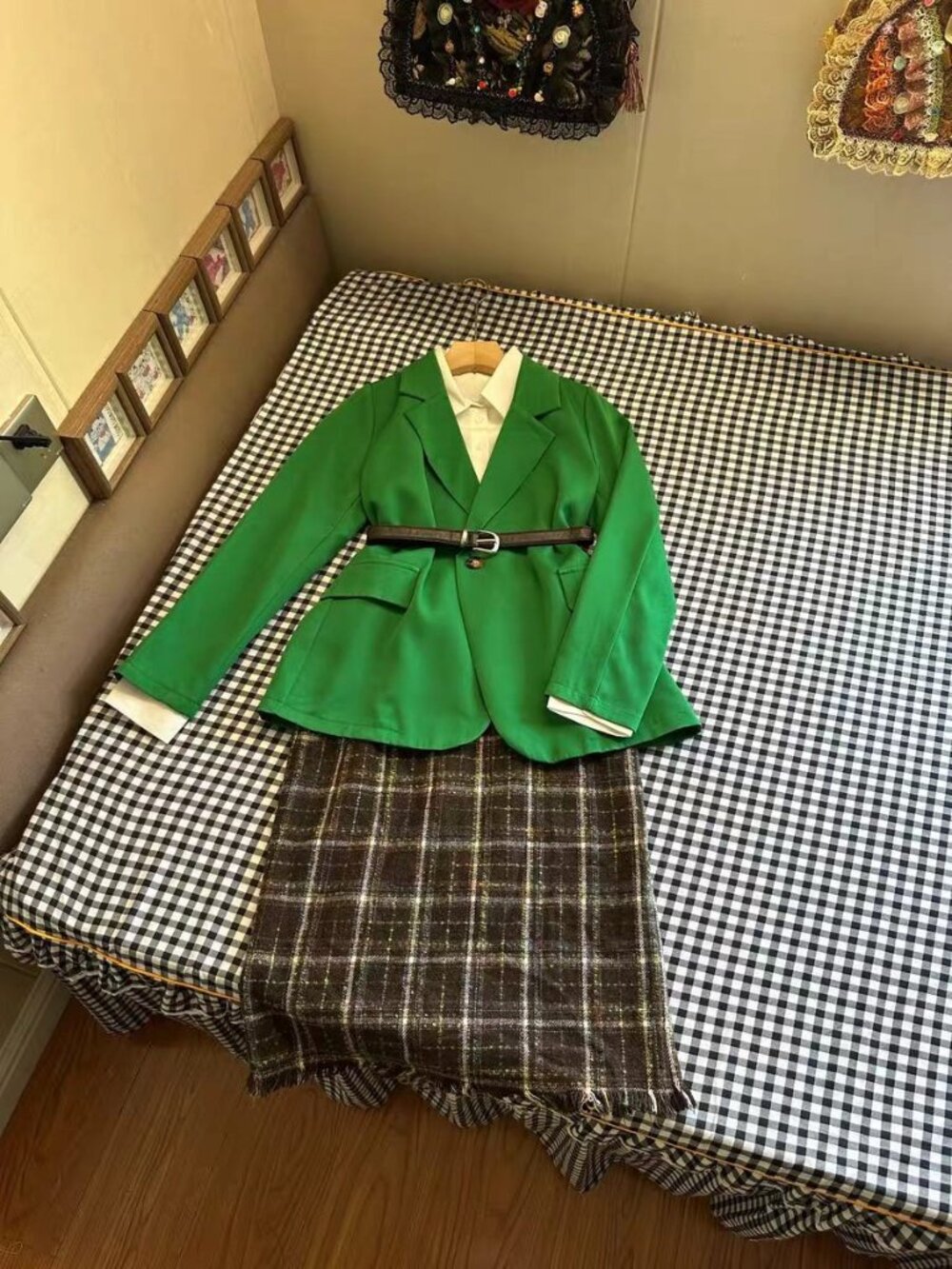 Bright Green Blazer + Plaid Fringe Midi Skirt 3‑Piece Workwear Outfit Set with B